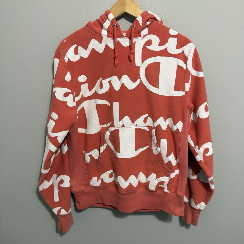 Vintage Champion All Over Print Reverse Weave Hoodie Logo Spell Out Size Medium